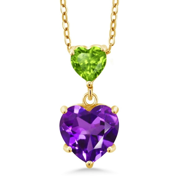Gem Stone King 18K Yellow Gold Plated Silver Purple Amethyst and Green Peridot Double Heart Pendant Necklace for Women (2.10 Cttw, Heart 8MM and 5MM, with 18 inch Silver Chain)