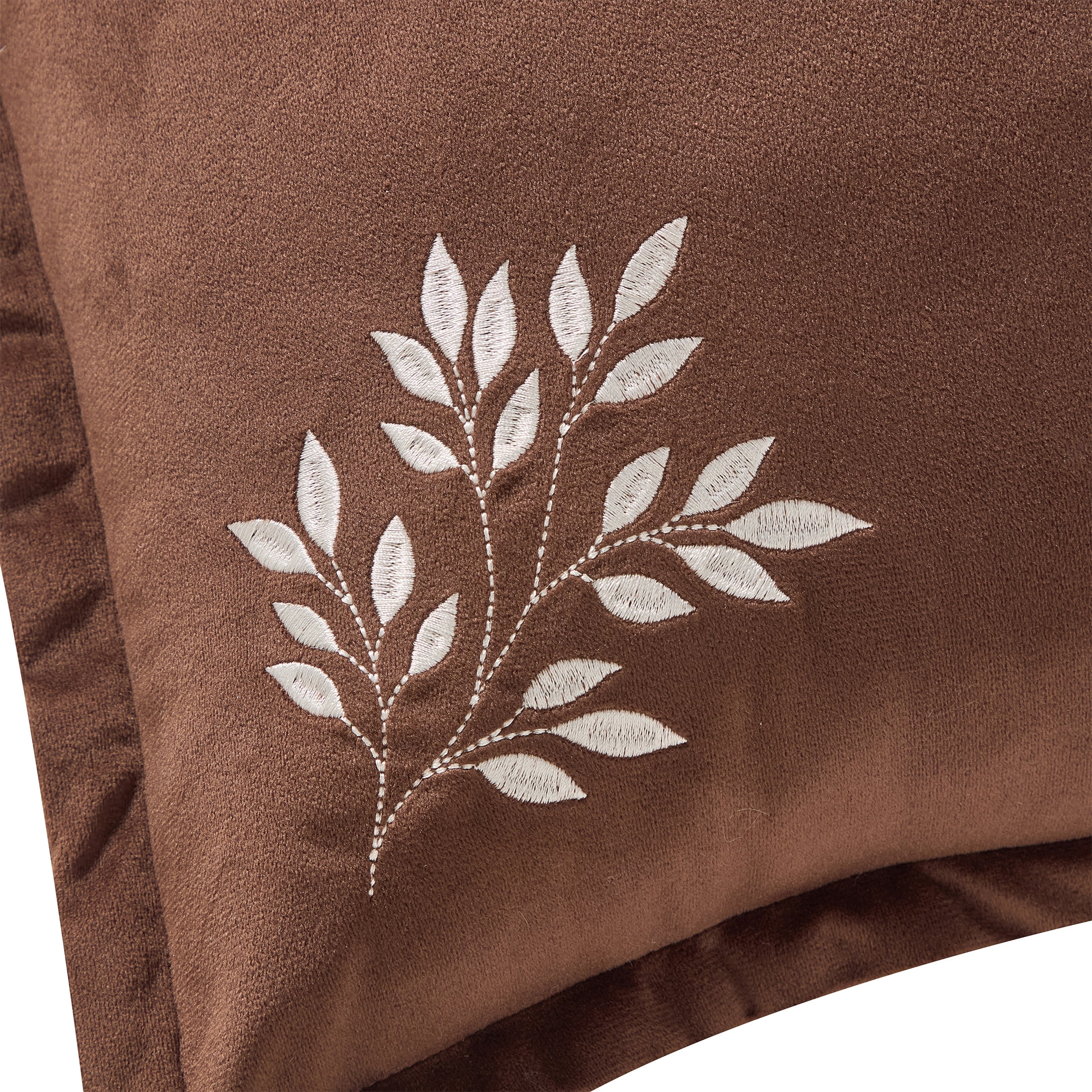 My Texas House 18 in x 18 in Brown Embroidered Leaves Velvet Decorative Pillow