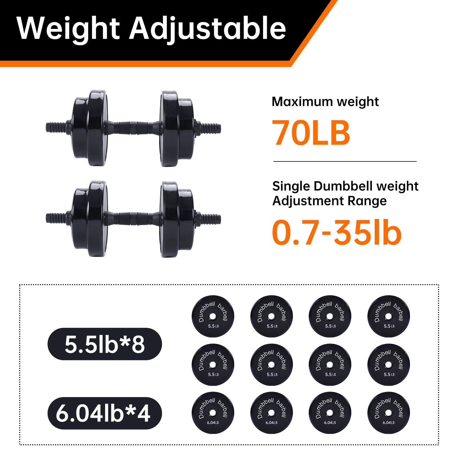 3-in-1 Adjustable Weight Set: Versatile Dumbbells, Kettlebells & Barbell Combo, 20-70LB, Non-Slip, Space-Saving Fitness Equipment (70 LB)