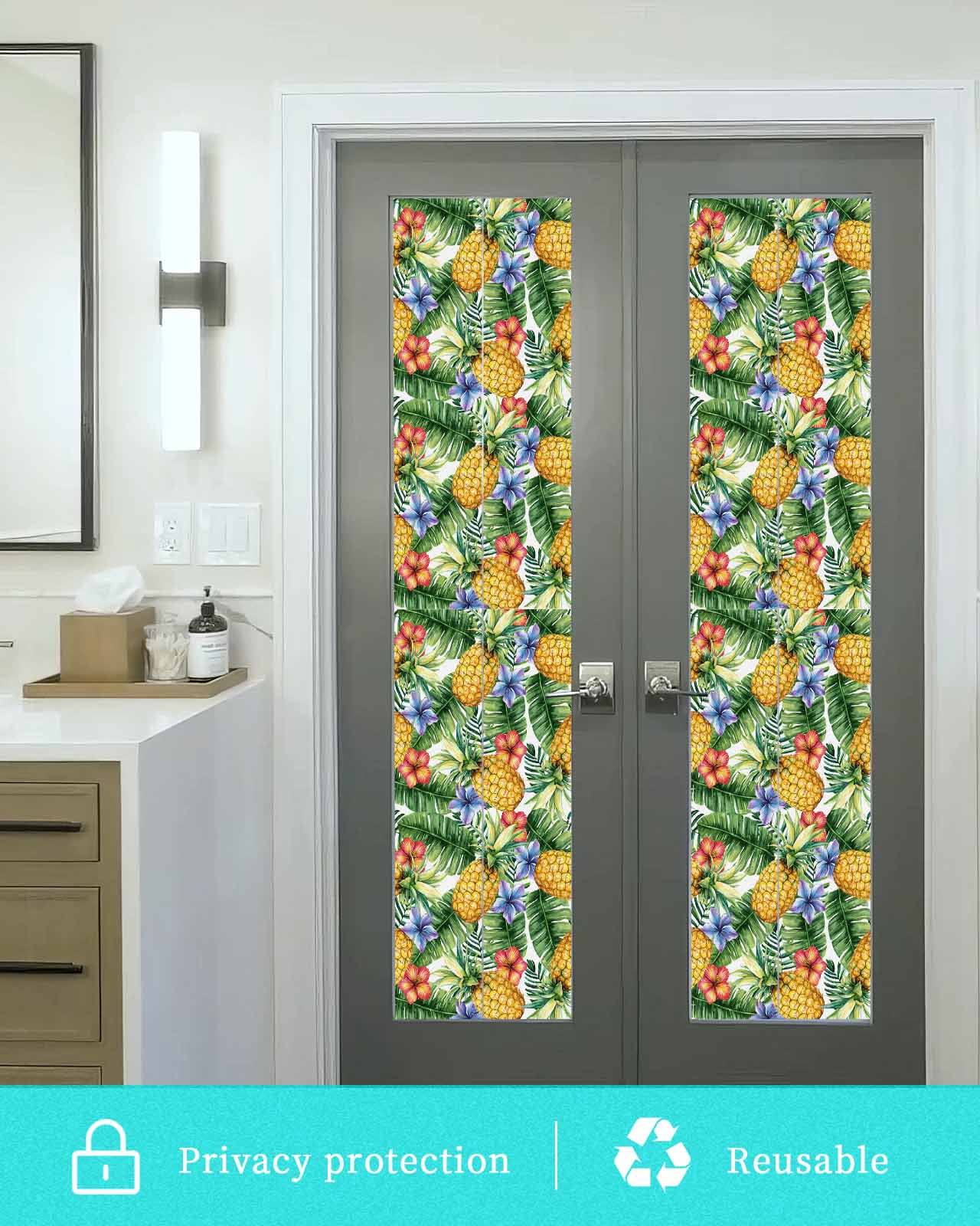 Window Privacy Film Pineapple Stained Glass Window Film Decorative Sun Block Window Cover Yellow Tropical Fruit Palm Leaf Floral Summer Window Clings Static Adhesive Sticker for Bathroom 17.7"x78.7"