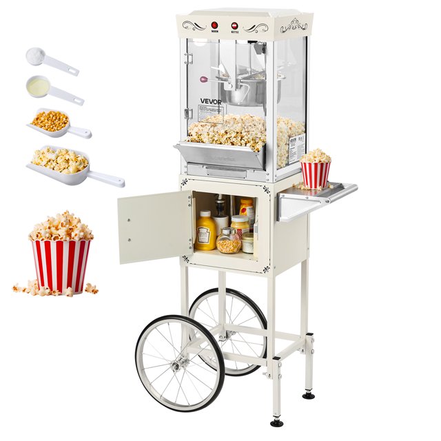 VEVOR Popcorn Machine with Cart, 8oz Stainless Steel Kettle, 800W Commercial Popcorn Maker, 48 Cups per Batch Theater Style Popper