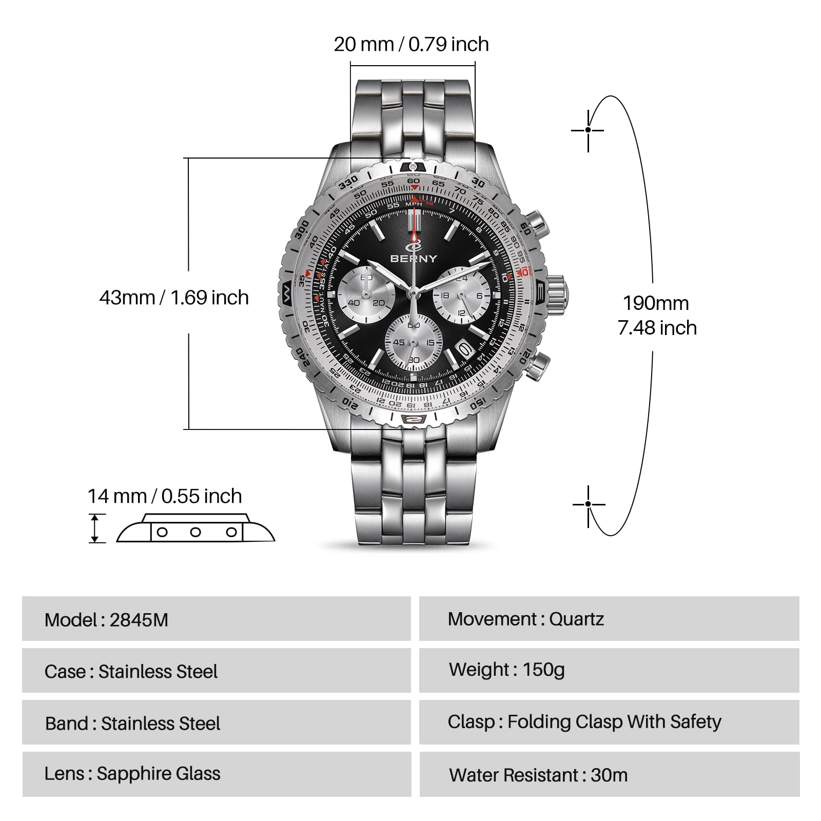 BERNY Silver Chronograph Watches for Men, Sport Luxury Analog Quartz Watch with Tachymeter, Stainless Steel, Waterproof, Luminous, Sapphire Crystal, Date Calender, Men's Wristwatch (Black)