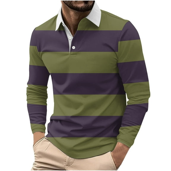 Rvwovn Men's Striped Collared Henley Shirts - Long Sleeve Moisture-Wicking Tops for Casual and Golf