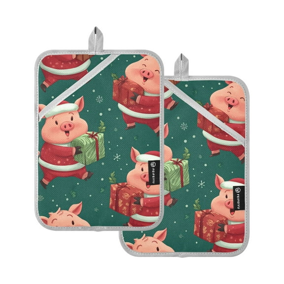 Cute Pigs Hold Christmas Gift Potholders Heat Resistant Pot Holder Set of 2 Oven Hot Pads with Pocket