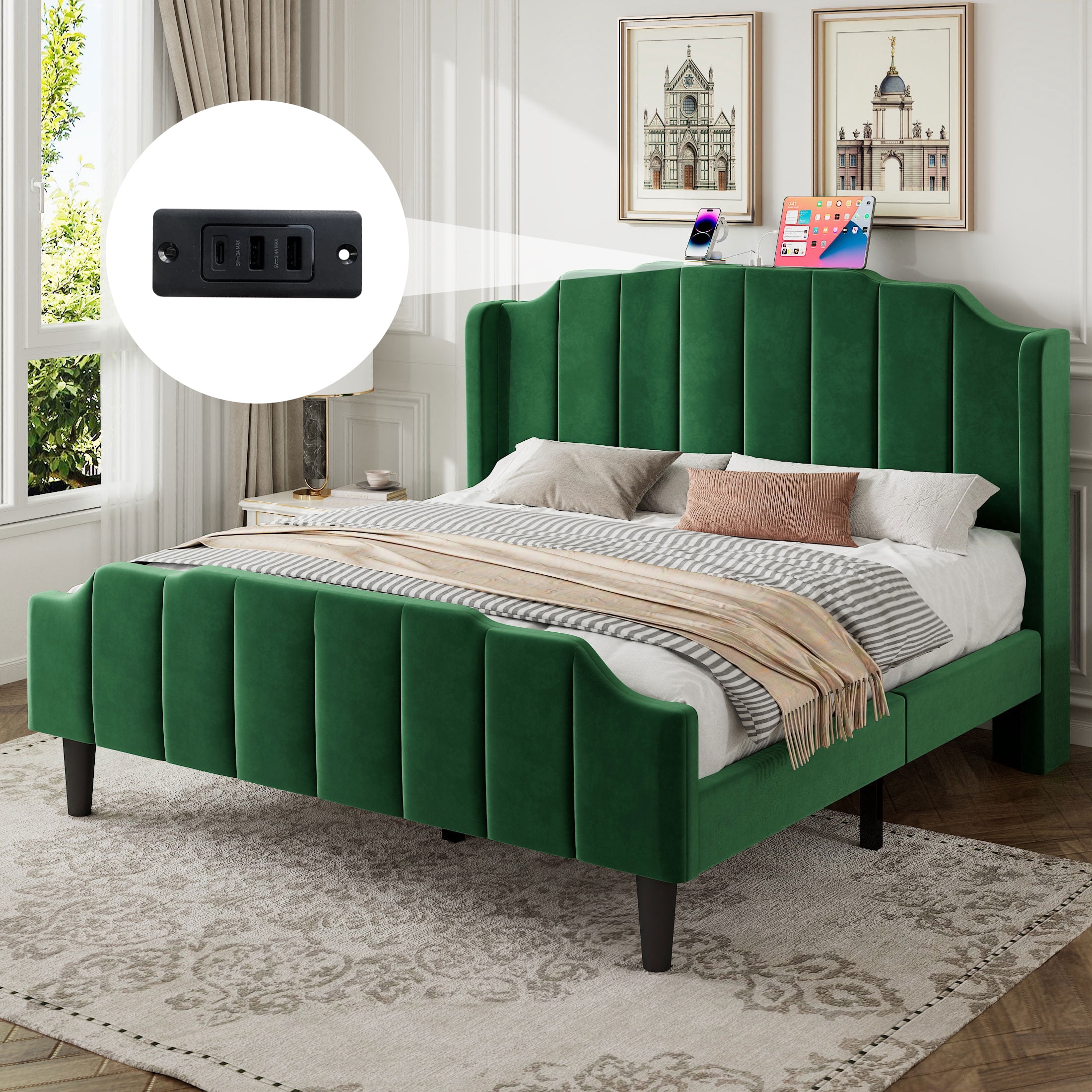 Amolife Full Size Upholstered Platform Bed Frame with USB Ports & Curved Velvet Wingback Headboard, Green