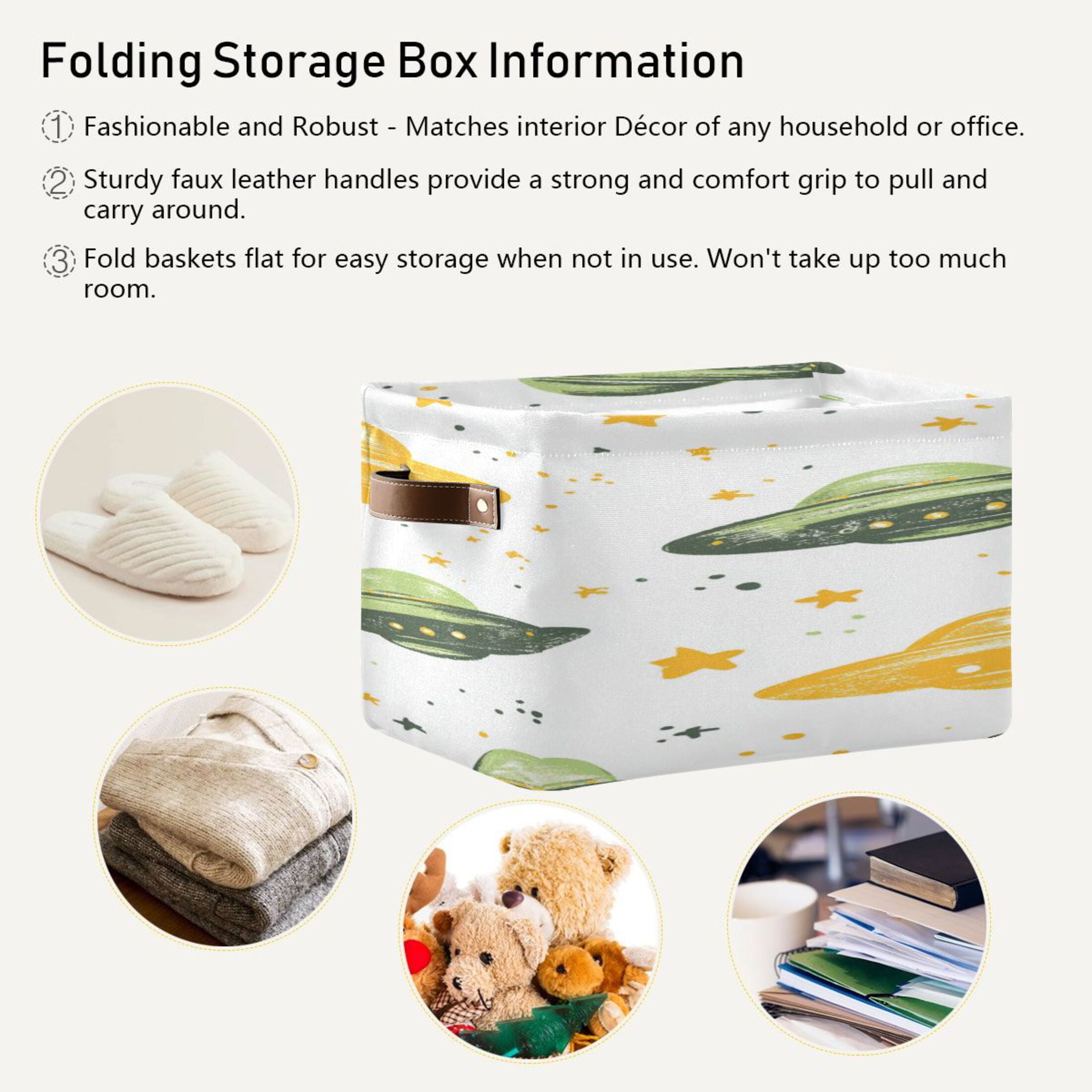 Green Yellow Ufos Crayon Painted Square Storage Bins with Handles Collapsible Containing Box 2 Packs