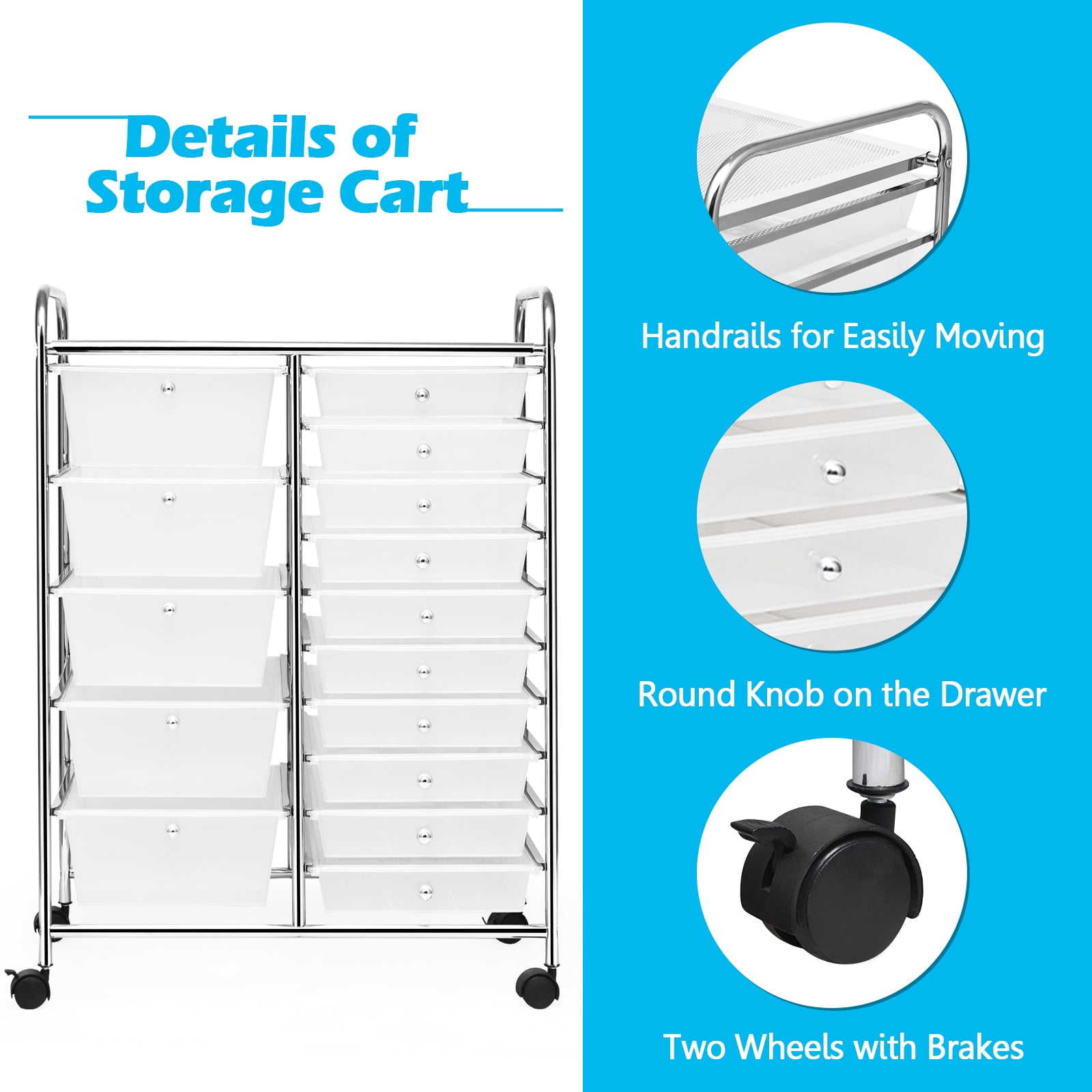 Costway 15-Drawer Rolling Storage Cart Mobile Organizer with Lockable Wheels Clear