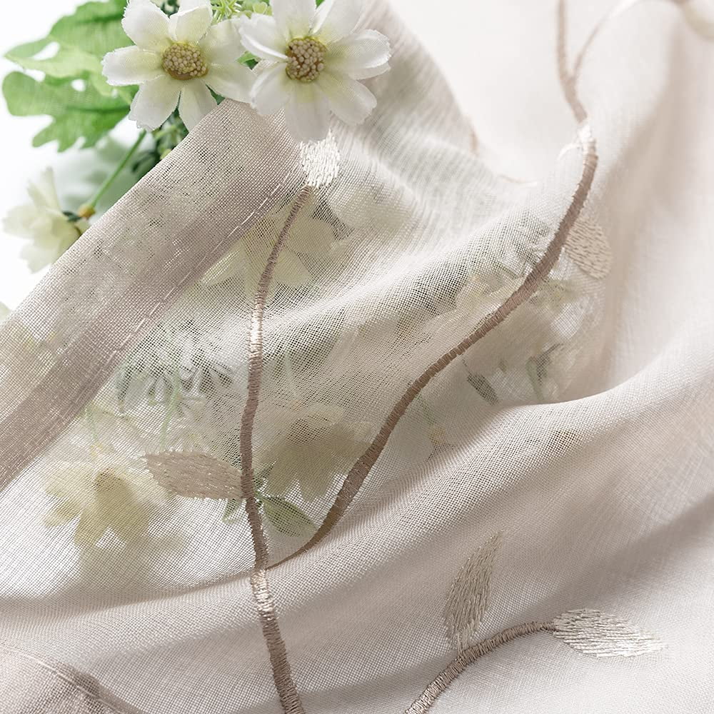 Curtainking Farmhouse 2 Piece Leaf Embroidery Light Filtering Curtain Set