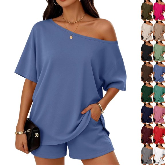 2 Piece Sets for Women Summer 2026 Off the Shoulder T Shirt Casual Shorts Matching Comfy Lounge Sets Airport Travel Outfit,Light Blue,S