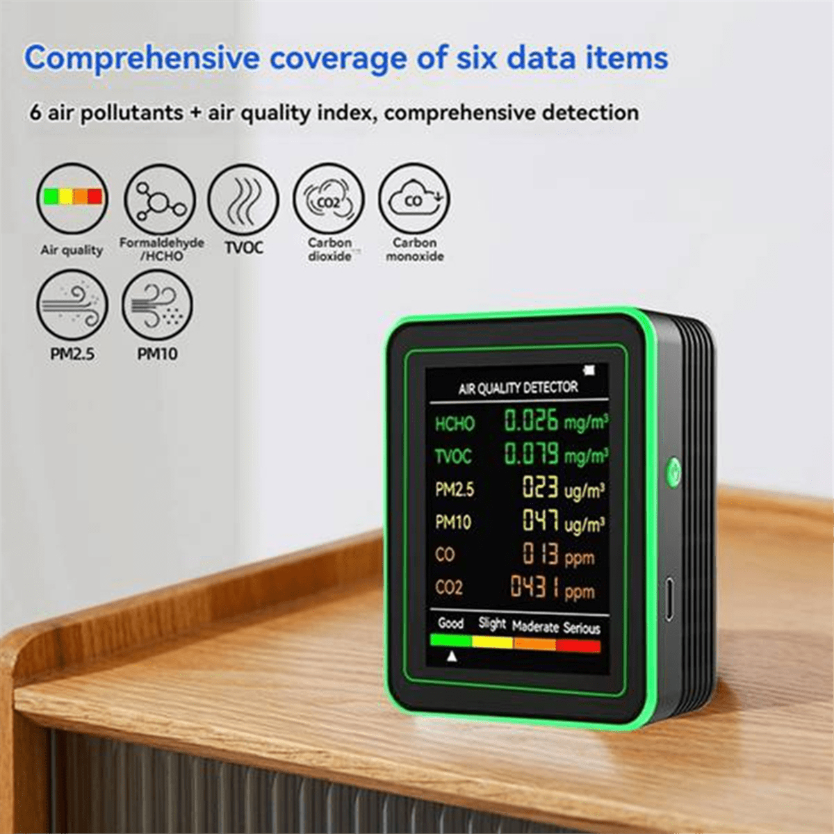 WiFi 6-in-1 Indoor Air Quality Monitor HCHO TVOC CO 2 CO PM10 PM2.5 Meter Gases Detecting Intelligent Black,1 x 6 In 1 Air Quality Monitor 1 x Bracket,Black