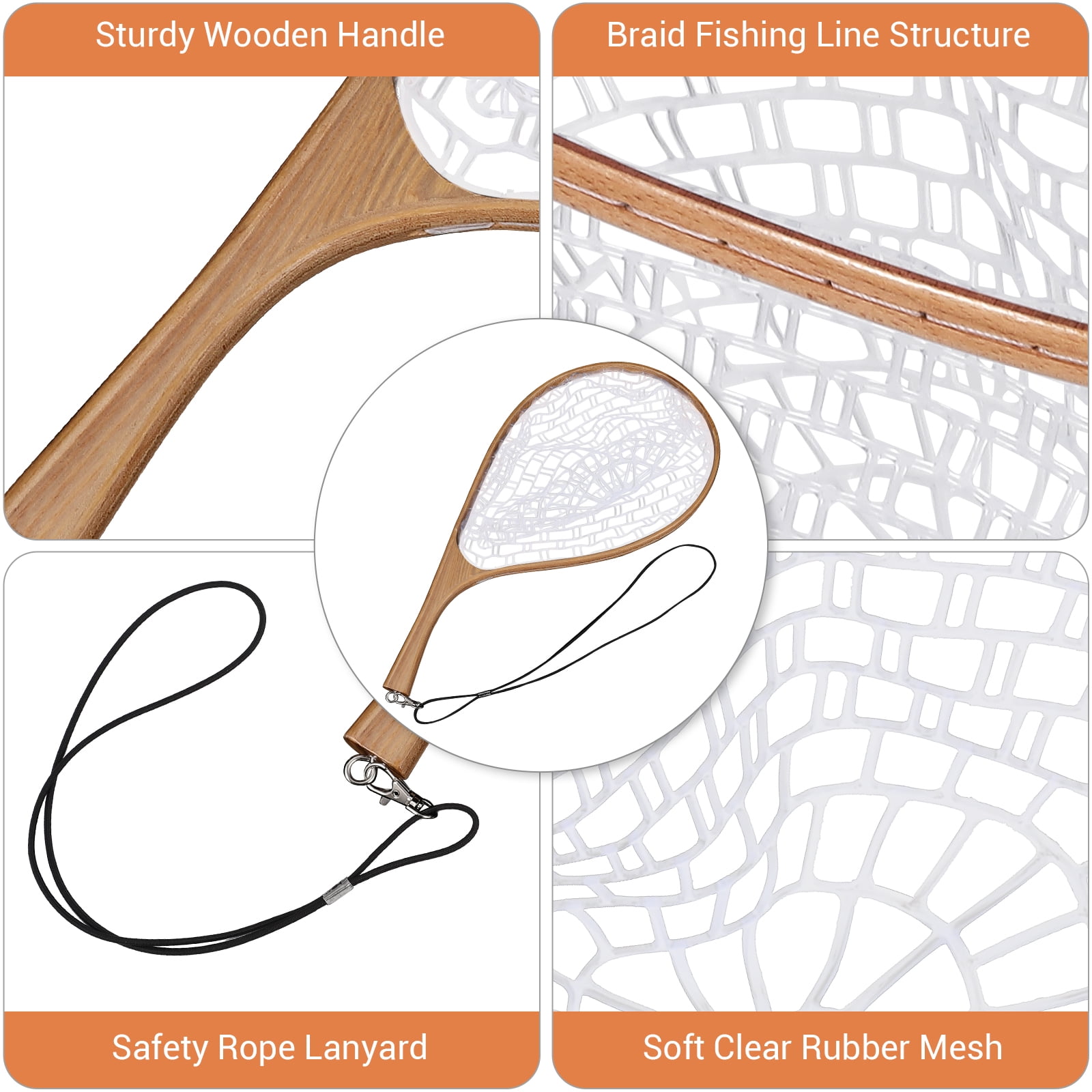 Fly Fishing Landing Net - Elm White Silicone Mesh, Curved Wooden Handle, Soft Rubber-Coated Net, Lightweight & Portable, Safe Catch & Release, For Trout, Bass, Freshwater & Saltwater