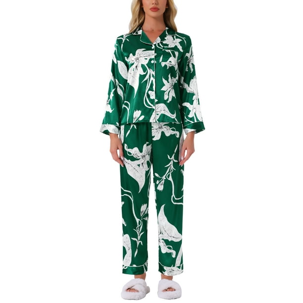 Pijamas de satén para mujer Cheibear, ropa de dormir, blusas de manga larga con pantalones, conjuntos de lounge con botones, XL, floral verde