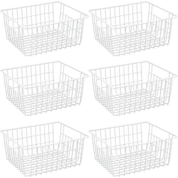 Wire Storage Baskets, Large Farmhouse Metal Freezer Basket Storage Organizer Bins with Handles for Kitchen Cabinets, Pantry, Closets, Bedrooms, Bathrooms, Set of 6, White