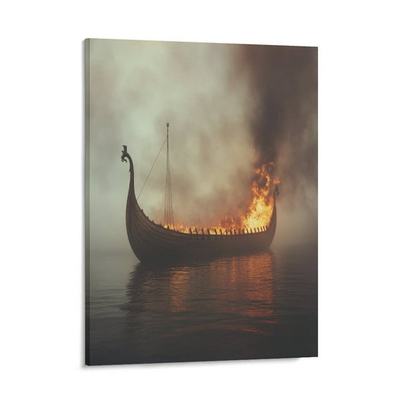Canvas Painting Prints Viking Longship Set On Fire Floating In Sea Living Room Art Wedding Housewarming Gifts For Home Decoration 08x10inch Framed
