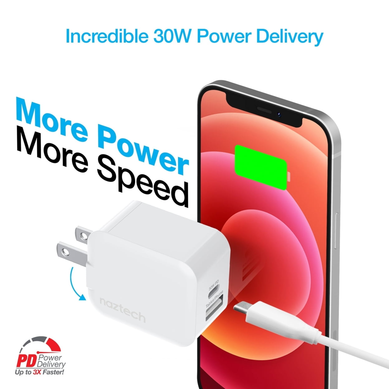 Naztech 30W USB-C PD Dual Output Fast Wall Charger White