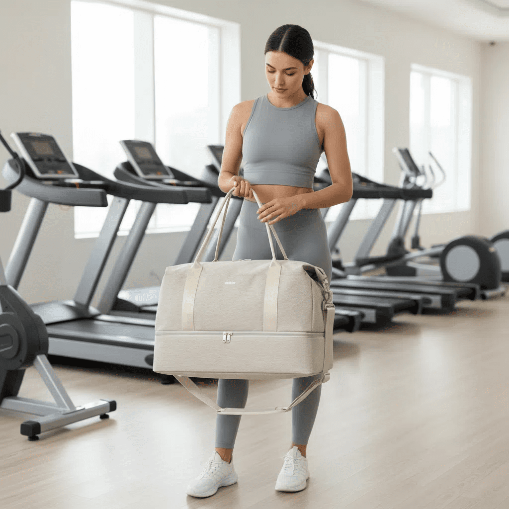 SportsNew Business Travel Bag with  Shoe Compartment  and Wet Pocket ,TSA Carry on Personal Item Bag  18x14x8 , Laptop Bag with USB Charging Port, Gym Tote Bag with Strip for Women(Beige Bag)
