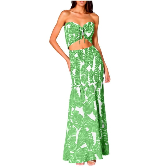 Women Two Piece Maxi Dress Set Floral Print Strapless Crop Top High Waist Skirt Summer Beach Outfit