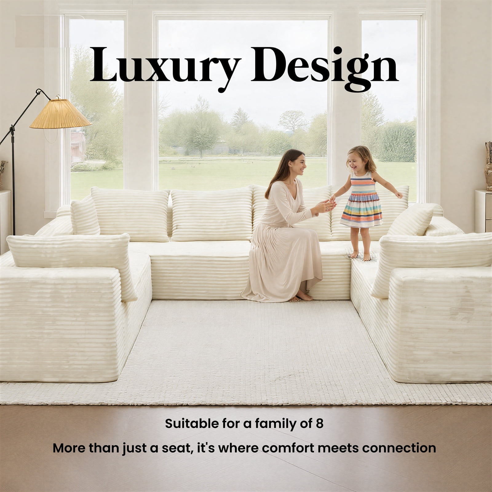 Kelyda 139'' U Shaped Sectional Couches, Modern Modular Boneless 8 Seater Large Foam Cloud Sofa Beige
