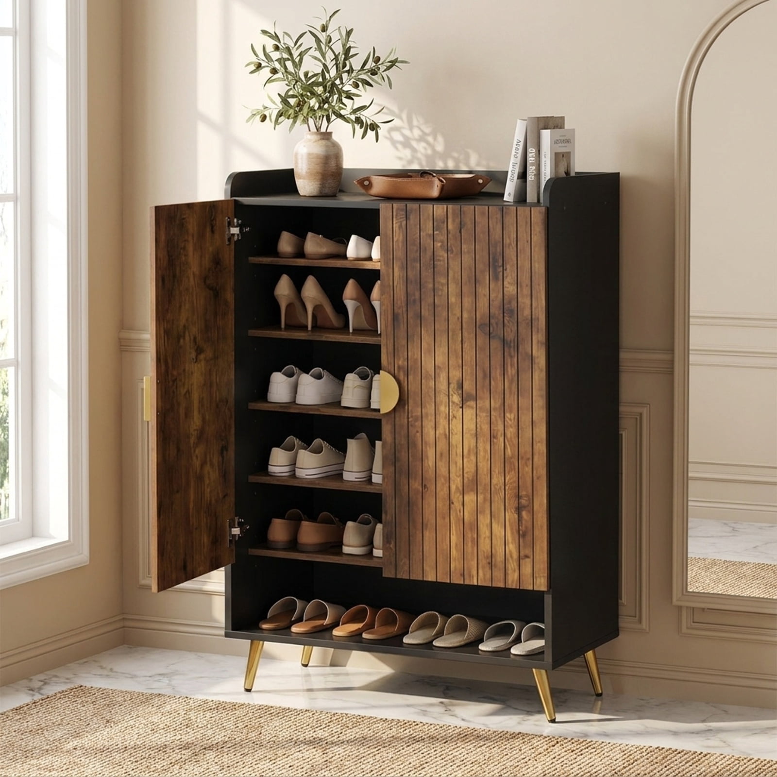 Furnibear 44 Inch Tall Shoe Storage Cabinet with 7 Tier Doors and Adjustable Shelves for Entryway Closet Hallway, Rustic Brown
