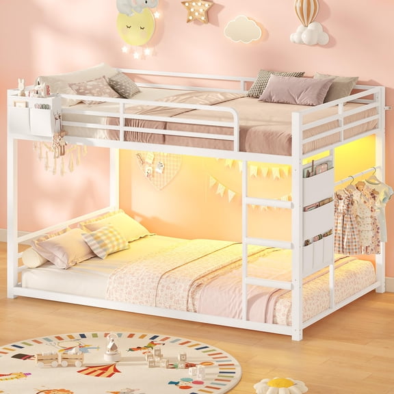 Twin Over Twin Bunk Bed Frame with LED Lights & Clothes Rack, Metal Loft Bed with 13" Safety Guardrail & 3-Step Ladder, Twin Bunk Bed with Storage organizer, Space Saving, White