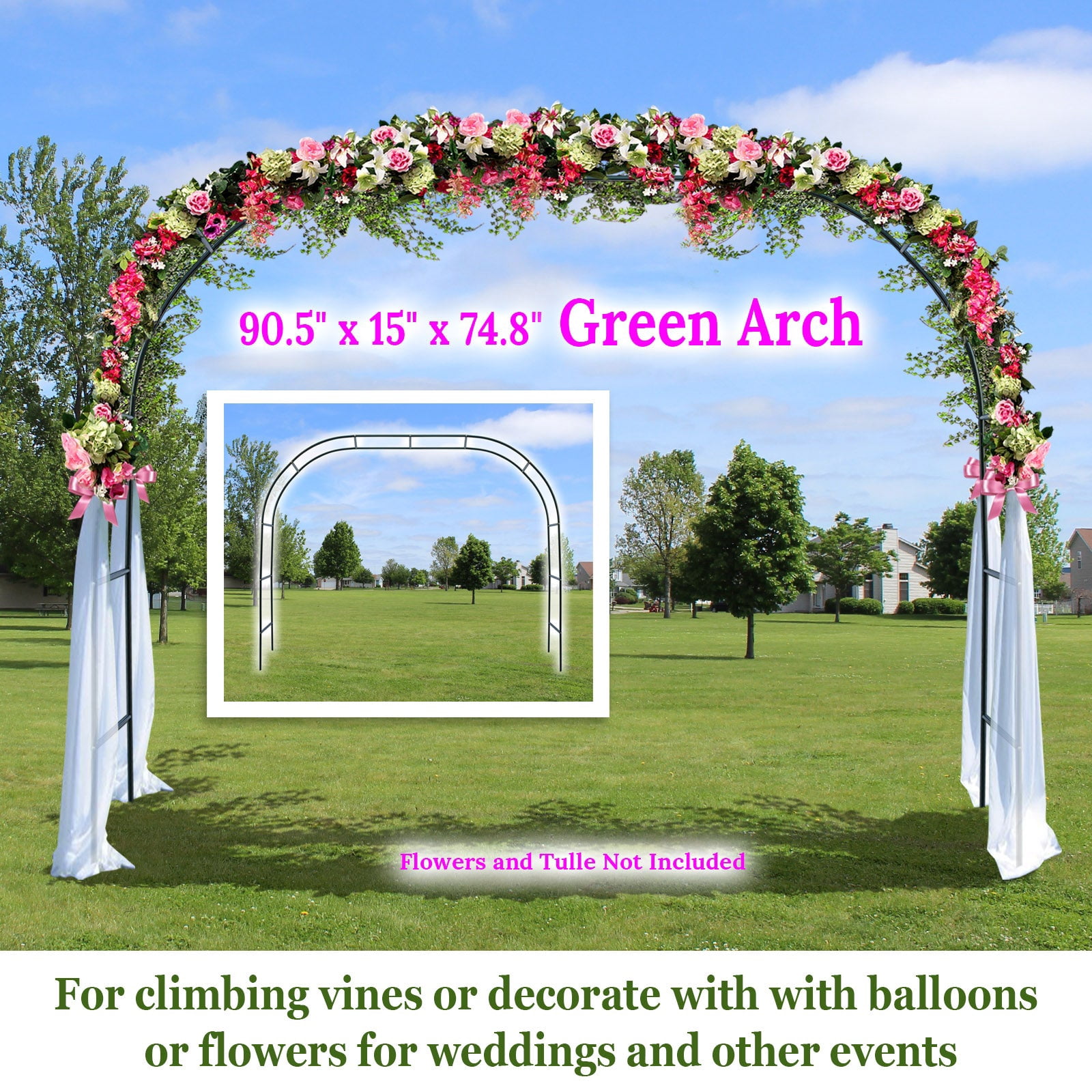 SUNNYOUTDOOR Metal Garden Arch Trellises Climbing Frame Wedding Arch Garden Arbor Outdoor Wedding Party Decoration Arbor, 90.5" W x 15" D x 74.8" H