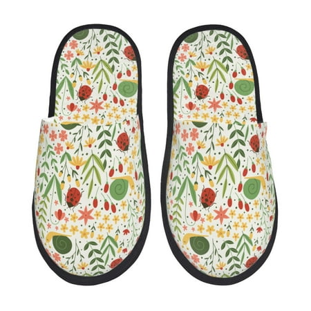 Balery Ladybug And Wild Flowers Slient Indoor Furry Fleece Comfort House Shoes Soft Non-Slip Home Shoes Cotton slippers House Slippers-- Medium