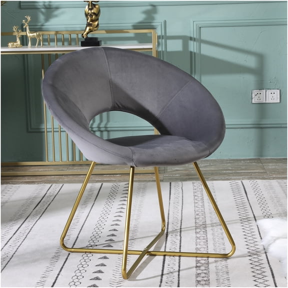 Gray Velvet Accent Chair with Gold Base, Modern Upholstered Armchair for Living Room