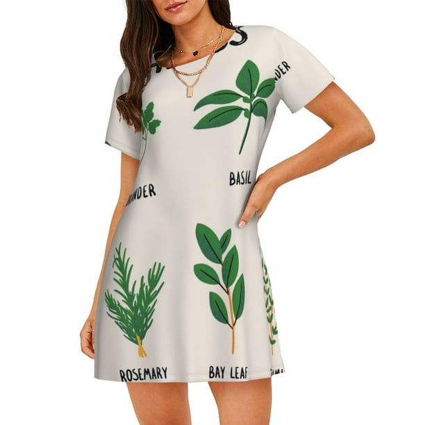 Fotbe Herbs Bata de Dormir para Mujer con Estampado, Camisón de Algodón de Manga Corta, Ropa de Dormir Casual