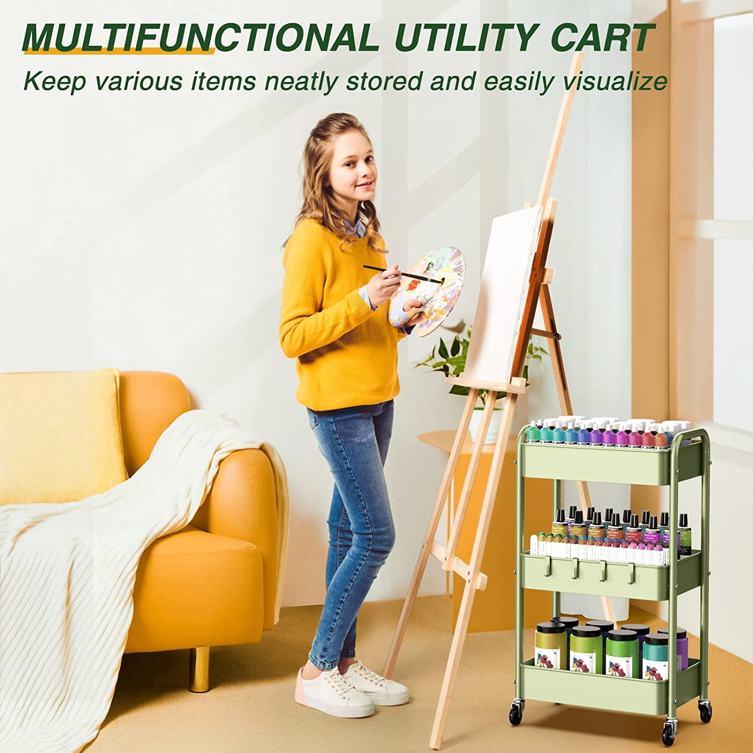 3 Tier Rolling Storage Cart, Metal Trolley Utility Cart with Wheels & Hooks, Easy Assembly Organizer Storage Cart for Bathroom Kitchen Office Bedroom