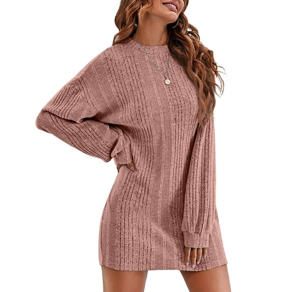 Ekouaer Women's Nightgown Long Sleeve Ribbed Knit Nightshirt Round Neck Sleep Shirt Soft Sweater Dress