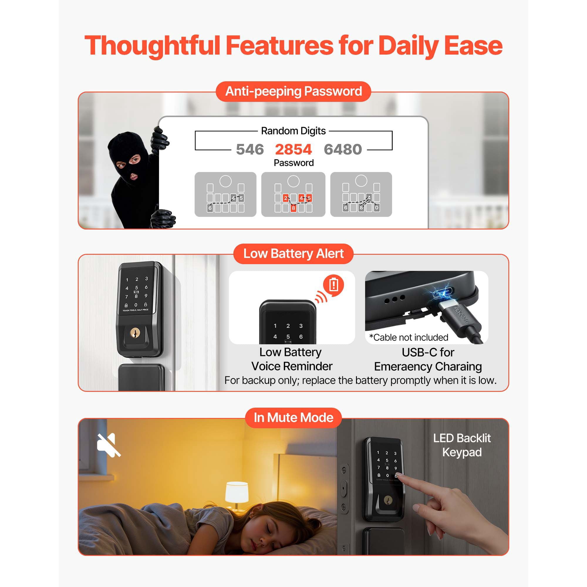 Keyless Entry Door Lock with Handle Set Electronic Keypad Deadbolt IC Card for Home Matte Black