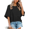 thumbnail image 3 of Womens Tops Women's Patchwork Solid Color Round Neck Three-quarter Sleeve Pagoda Sleeve Loose T-shirt, 3 of 6