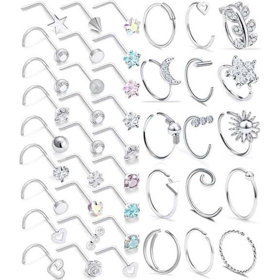 42 Pcs Surgical Steel Nose Jewelry Set With Storage Box, 18G Hypoallergenic L-Shape Studs & Hoops, Sparkling CZ Body Piercings for Nose Ear Cartilage, Everyday & Party Wear