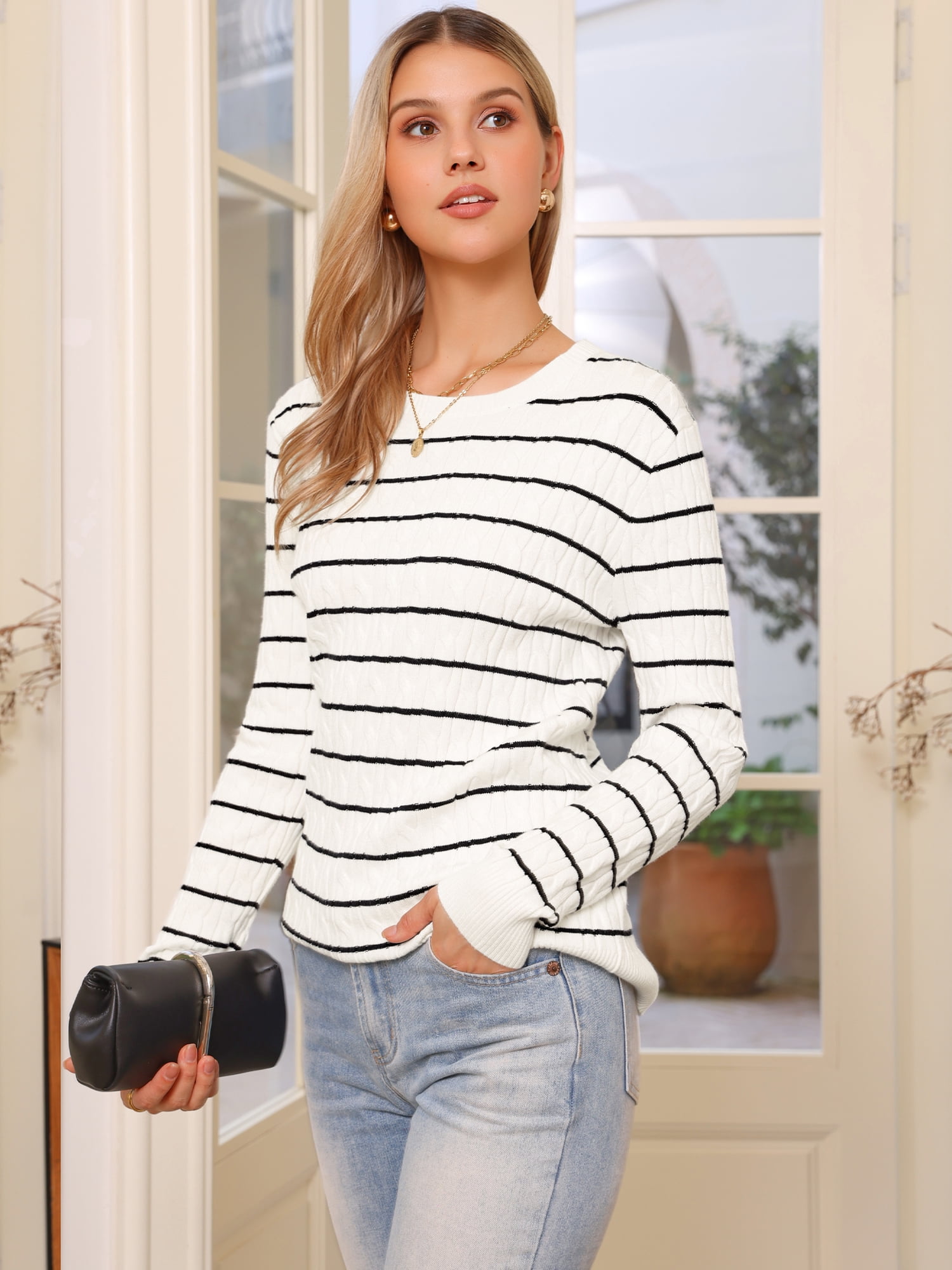 DARING DIVA Striped Round Neck Fall Winter Pullover Sweater Tops L White