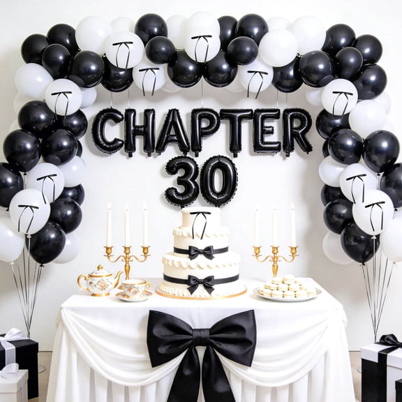 30th Birthday Decorations - CHAPTER 30 Theme Black and White Balloon Set for Elegant Adult Milestone Party