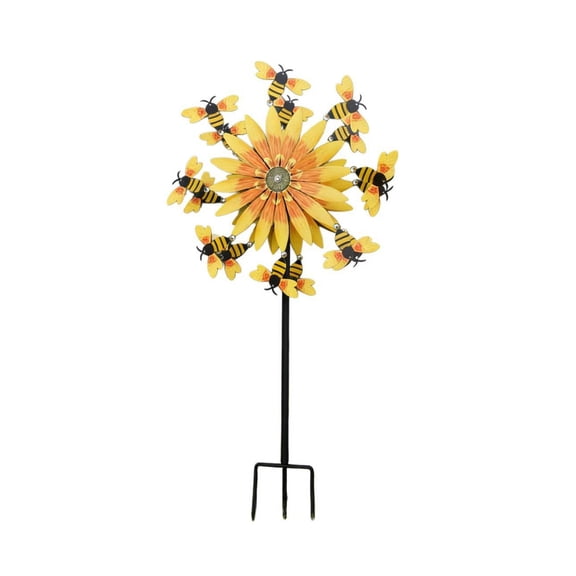Sunflower Shaped Metal Wind Spinner With Bee Weather Resistant Rotating Kinetic Garden Stake For Yard Patio Lawn Landscaping(Yellow-80X25Cm)