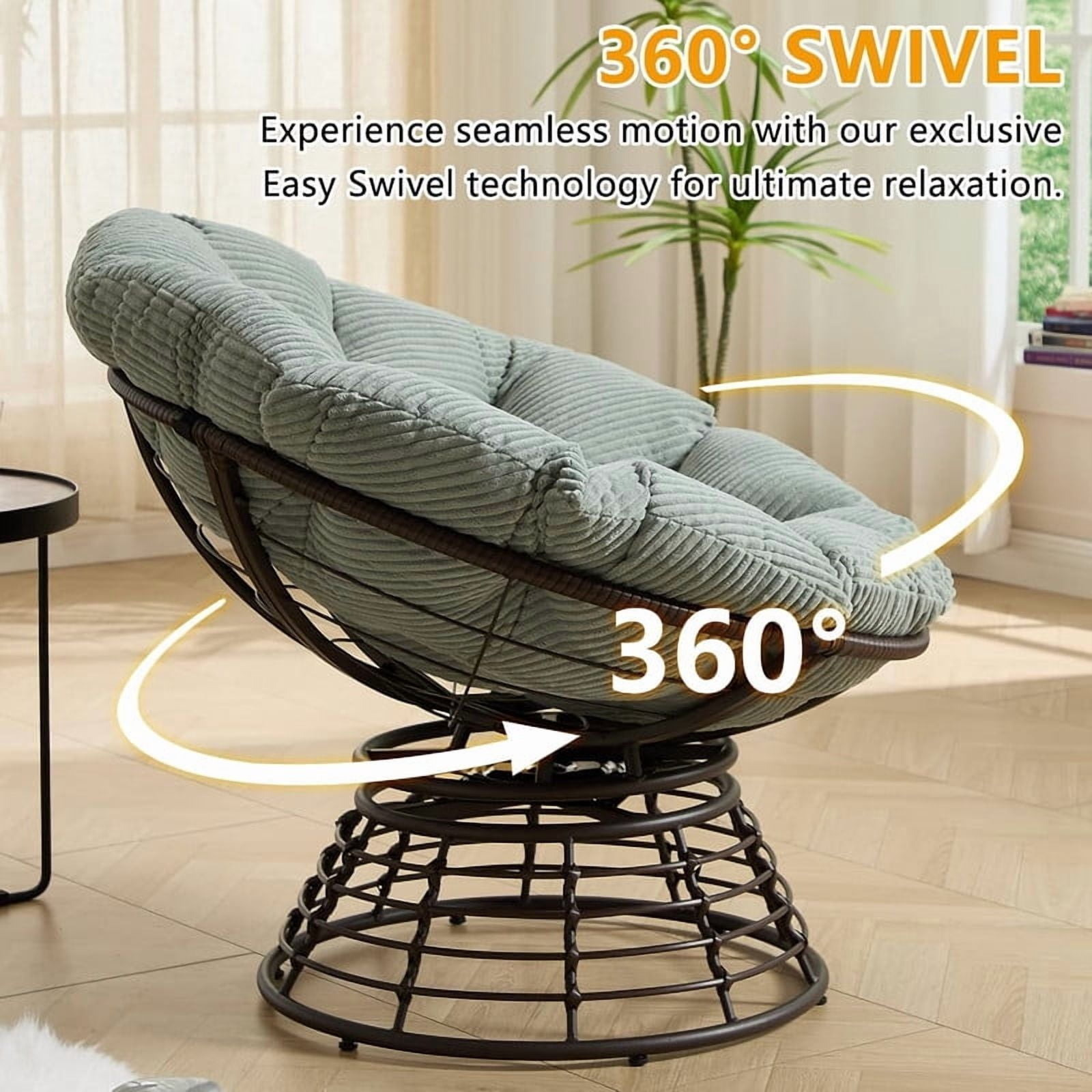 Ergonomic Wicker Papasan Chair, 360° Swivel Chair with Soft Thick Cushion for Living Room, Bedroom, Reading Room