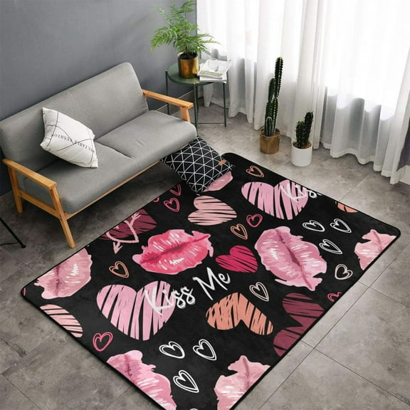 TEQUAN Area Rugs for Living Room Bedroom, Watercolor Lips Hearts Printed Carpet Non-Slip Door Mat Polyester Floor Mats, 60" x 39"
