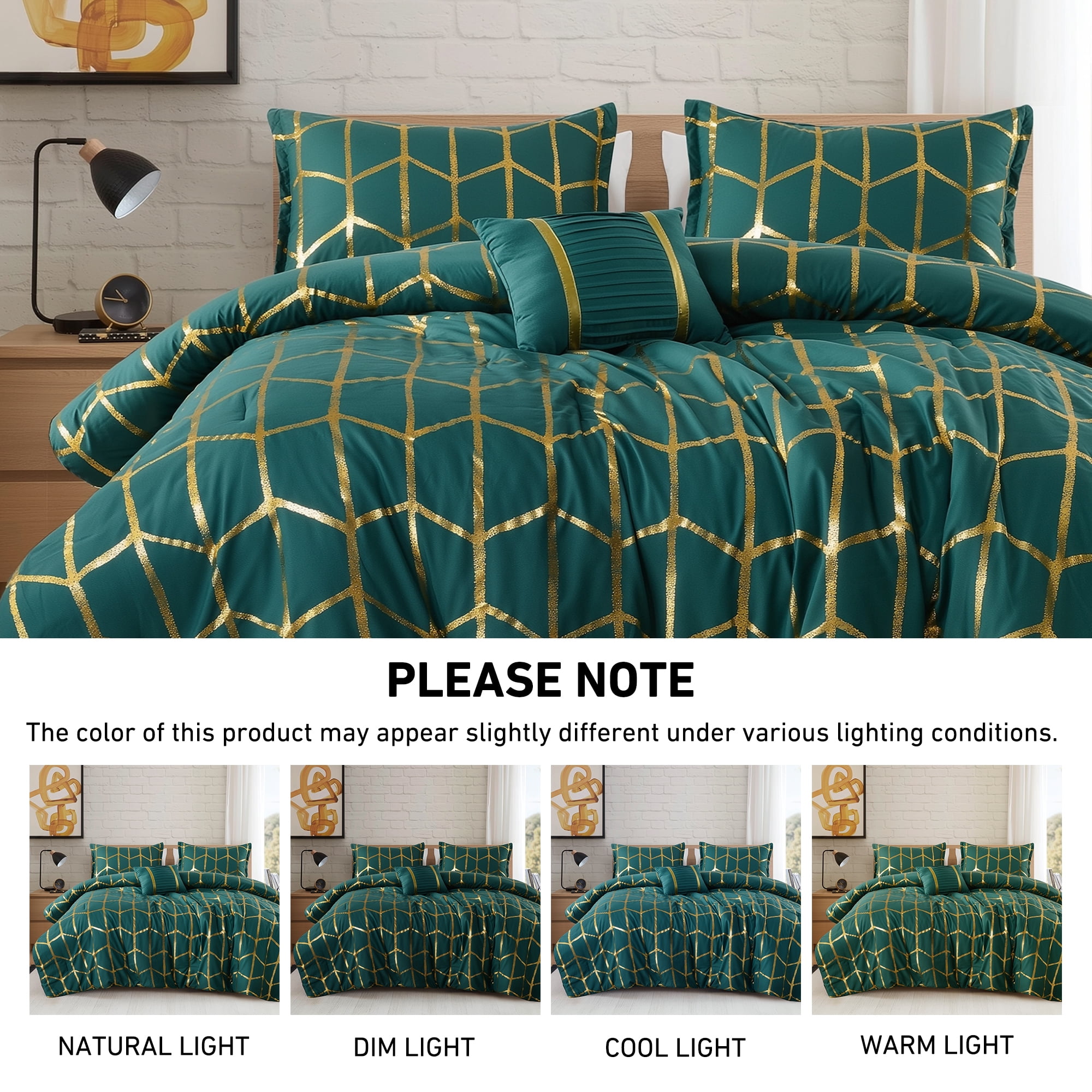 Regency Heights Full/Queen Size Comforter Set, 4-Piece Bedding Set for All Seasons, Geometric Metallic Comforter Bed Set with Decor Pillows,Green/Gold