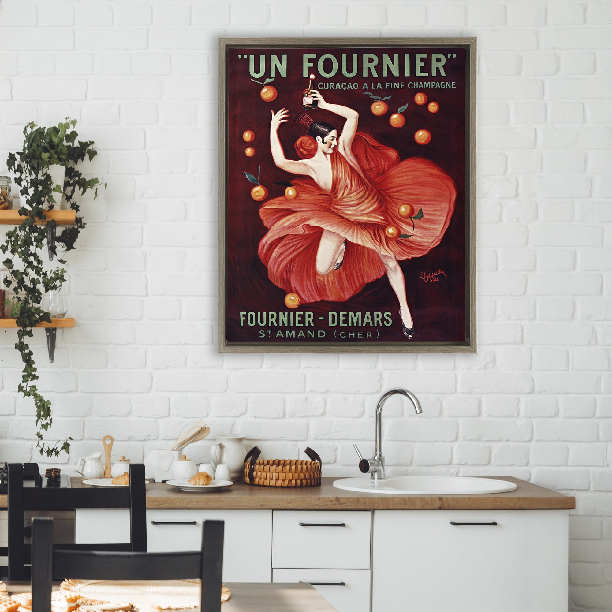 Stupell Industries Vintage Champagne Dancer in Red Brown Framed Floater Canvas Wall Art, design by Leonetto Cappiello