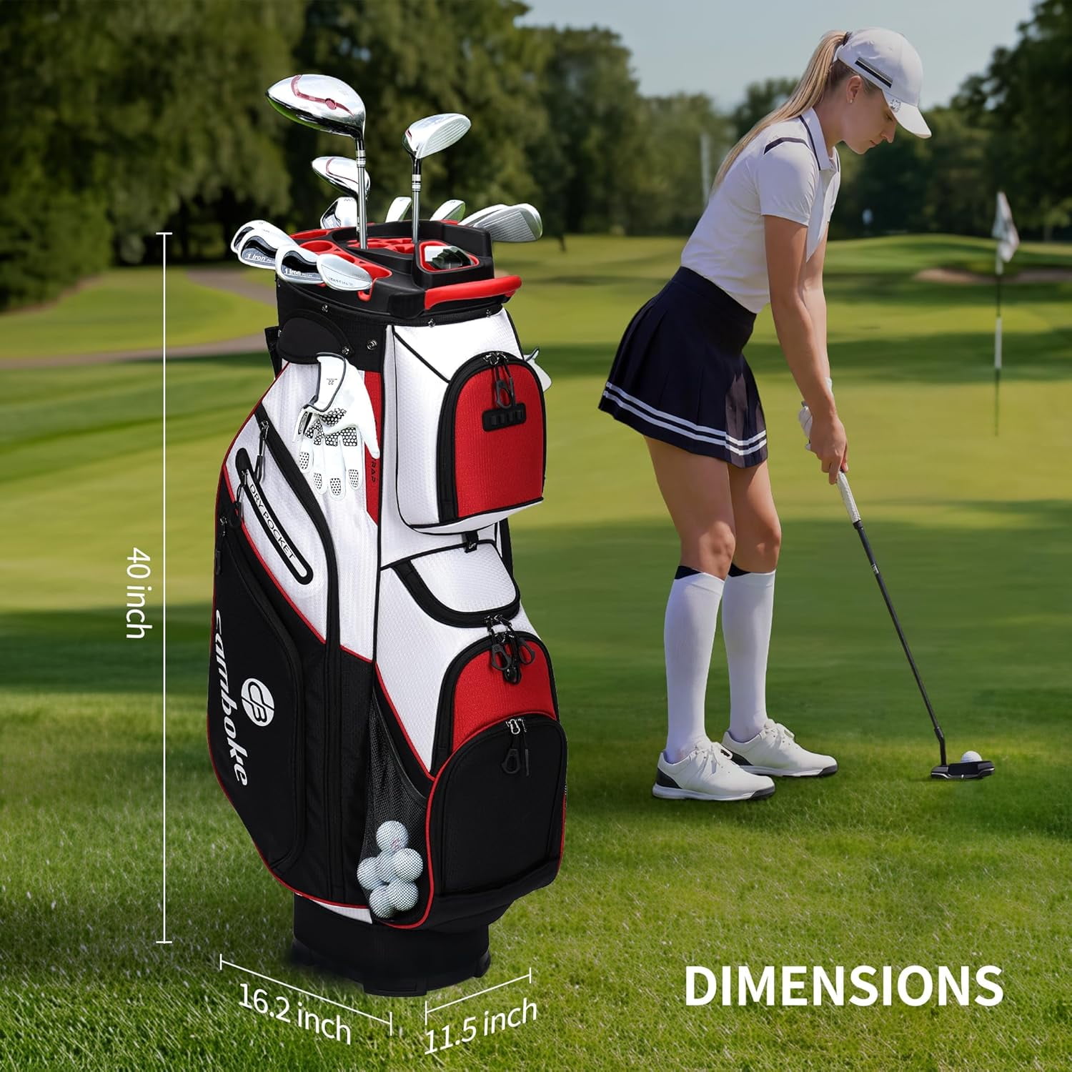 Silent Golf Cart Bag, Molded Lock Top Golf Bag with 14-Way Full-Length Dividers Large Capacity Cooler Pocket Padded Strap Golf Club Bag with Rain Hood for Trolley Players,red
