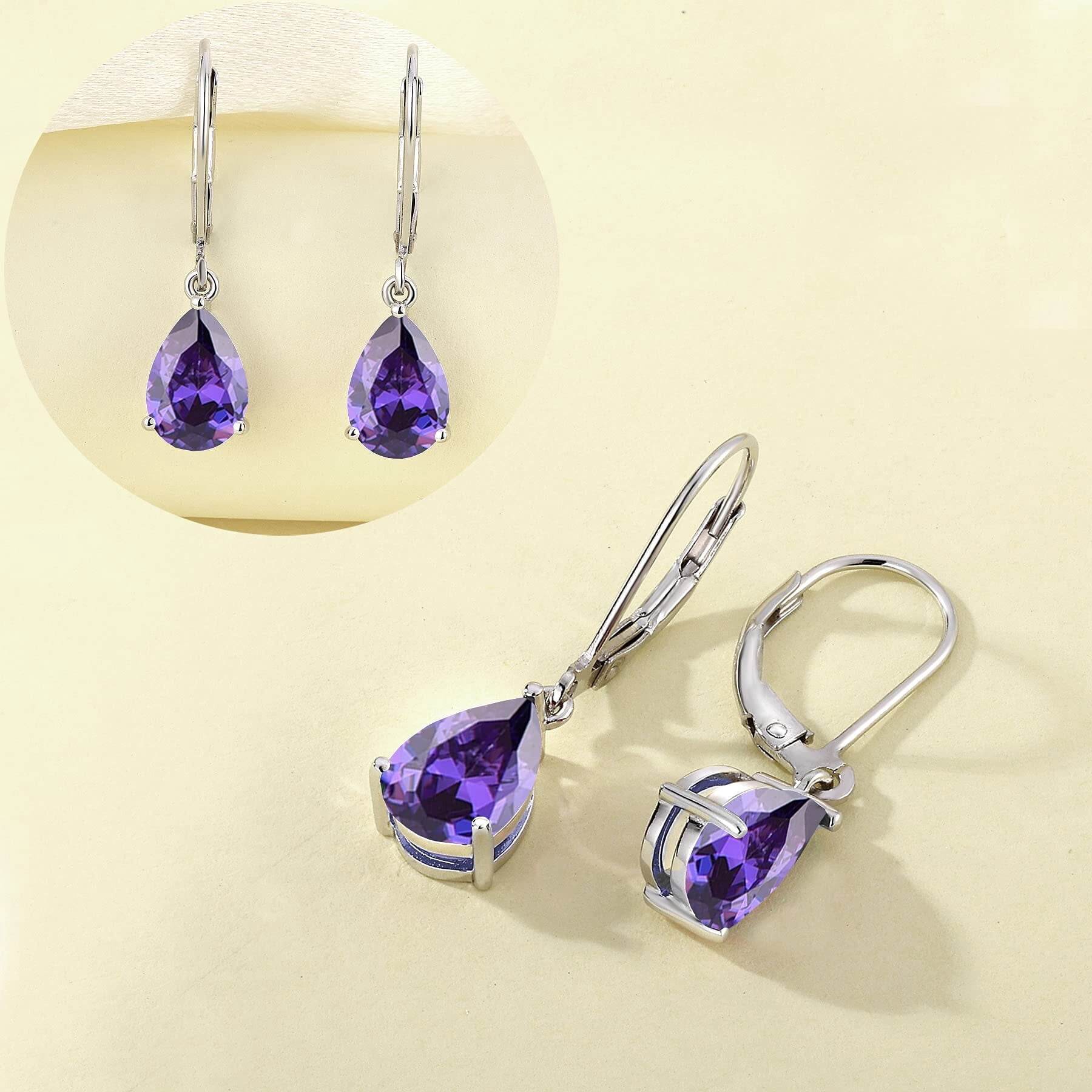PYNZY Dangle Drop Earrings Sterling Silver Solitaire Leverback Teardrop Earrings for Women Birthstone Created Amethyst Jewelry Gifts for Moms