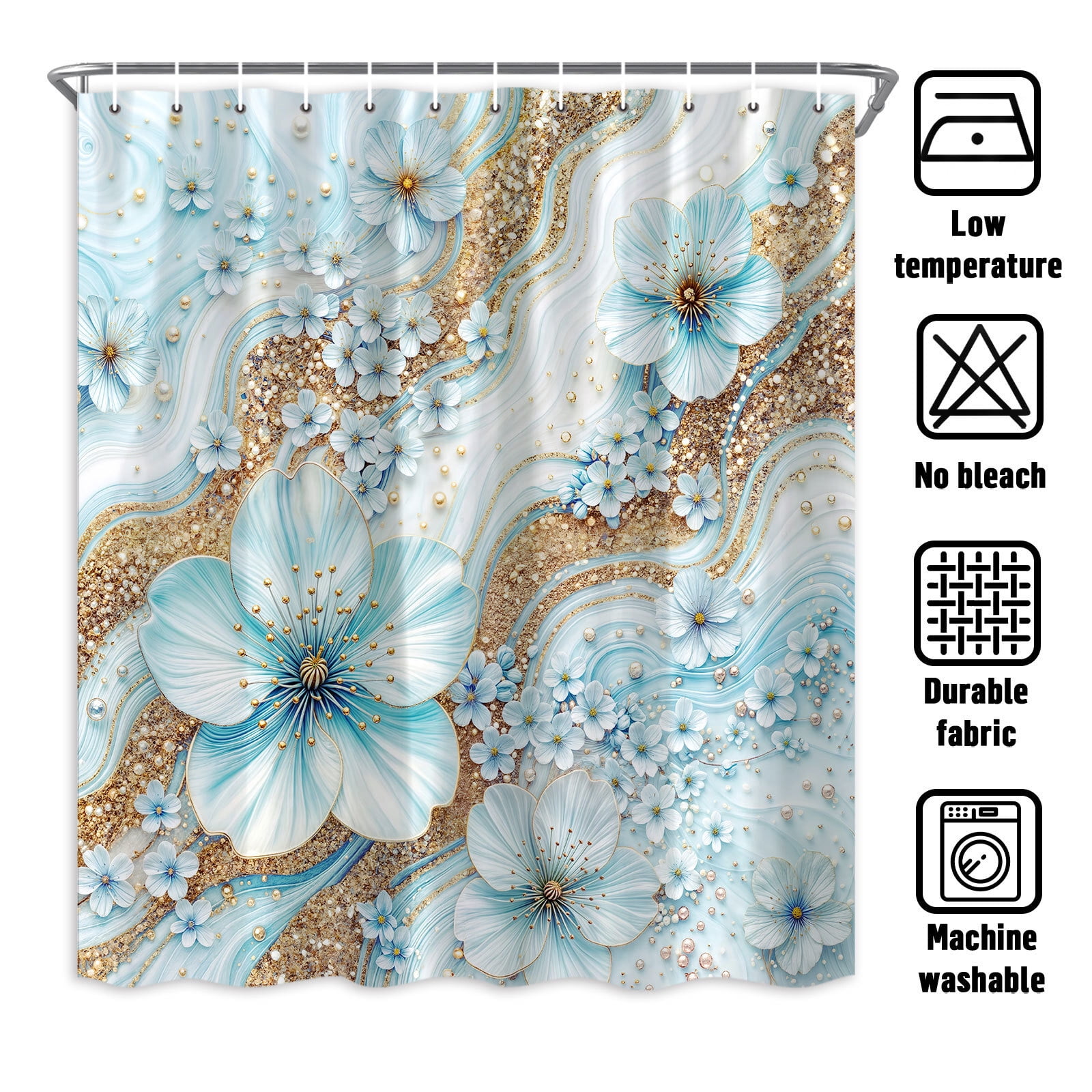 Blue Luxury Light Floral Shower Curtain, Elegant Boho Bathroom Decor, Cherry Blossom with Gold Glitter Marble Texture, Waterproof Washable Fabric Shower Curtain Set with Hooks,70X75in