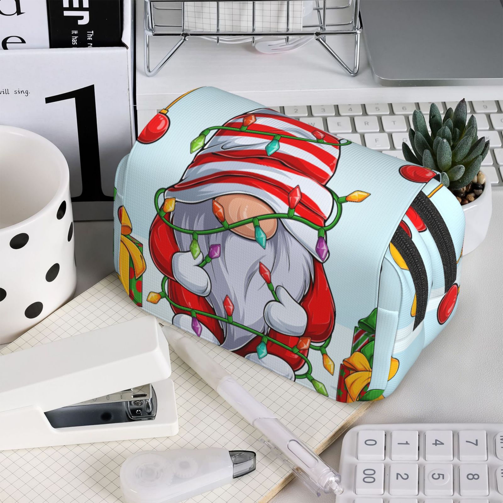 Rateoe Funny Christmas Gnome Pattern Double Clamshell Pen Case, Storage Organizer with Two Zipper Compartments– Holds Up to 50 Pencils & Pens