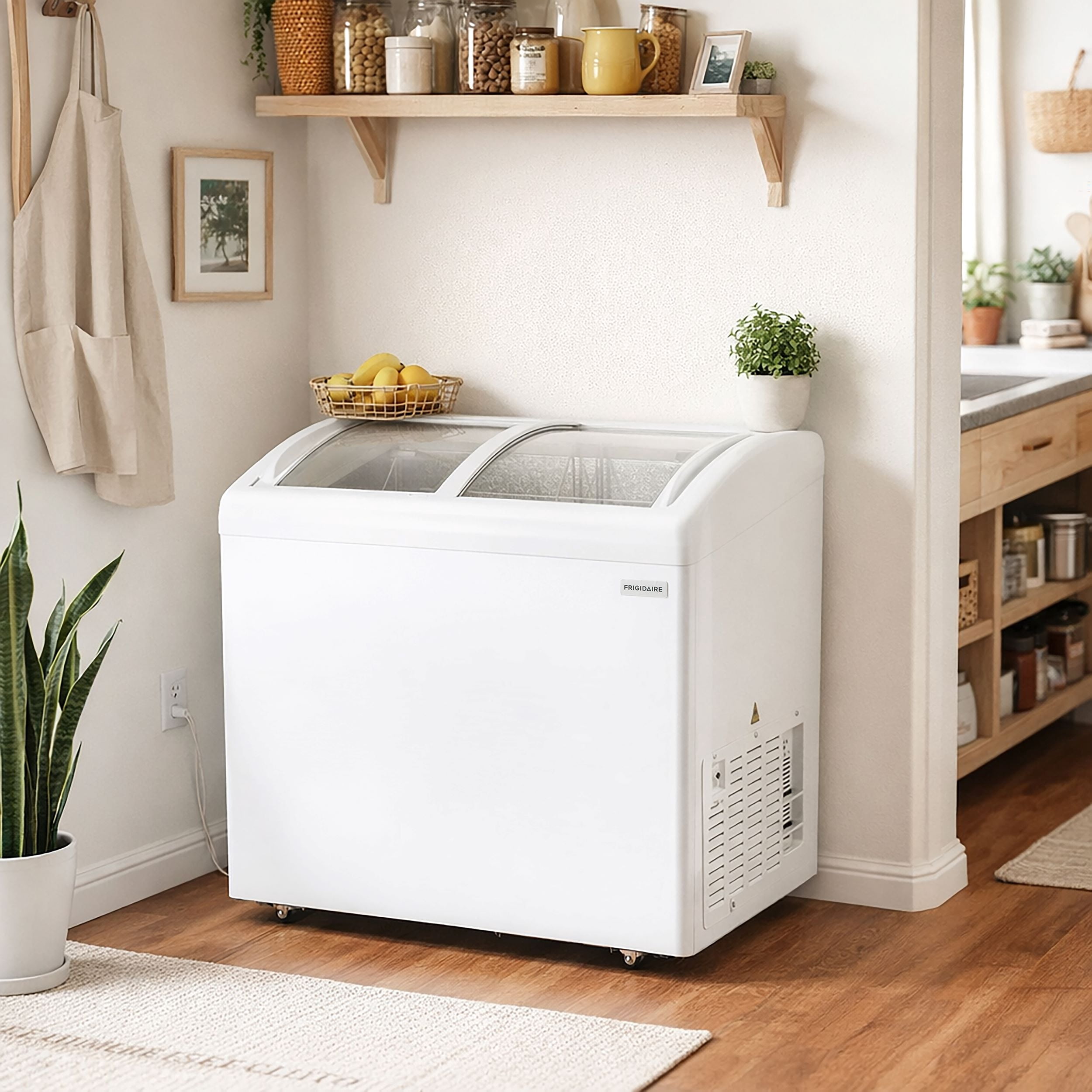 Frigidaire 6.7 Cu. ft. Curved Glass Top Display Freezer, 2 Door Convertible Freezer Refrigerator with Lockable Glass Door and Wheels, White