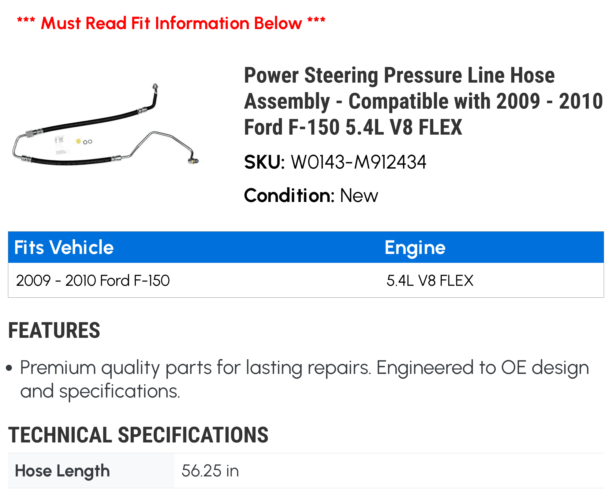 Power Steering Pressure Line Hose Assembly - Compatible with 2009 - 2010 Ford F-150 5.4L V8 FLEX