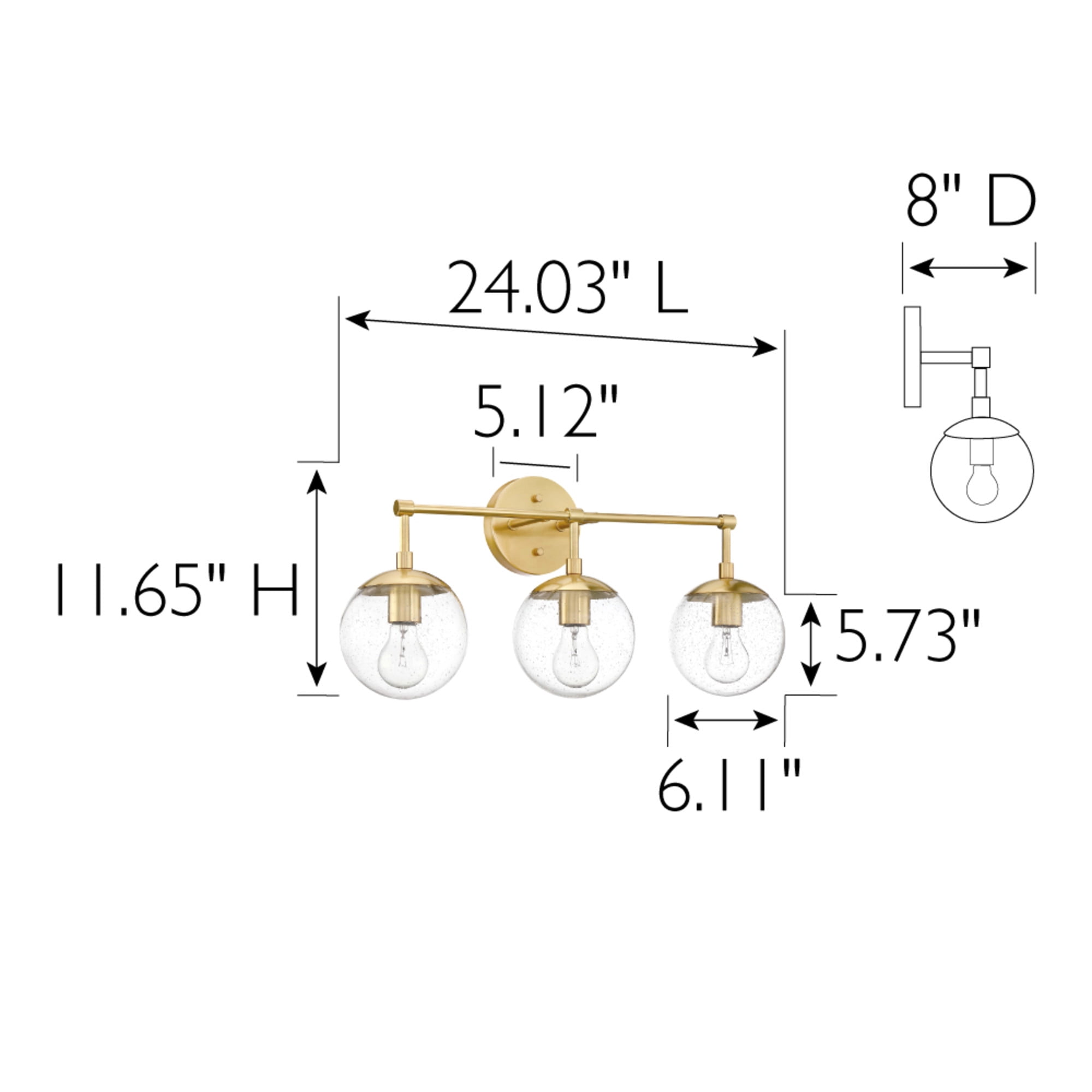 Satin Gold 3-Light Bathroom Vanity Light, Clear Seedy Glass Globe Shades, Dimmable