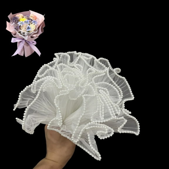 QZS 4 Yards Florist Wrapping Supplies,Durable Yarn Flower Wrapping Mesh for Valentine's Day,Pearl Edge Bouquet Packaging Paper for Wedding,Party(White)