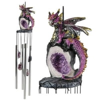 Medieval Purple Dragon Guarding Topaz Crystal Geode Rock Figurine Wind Chime