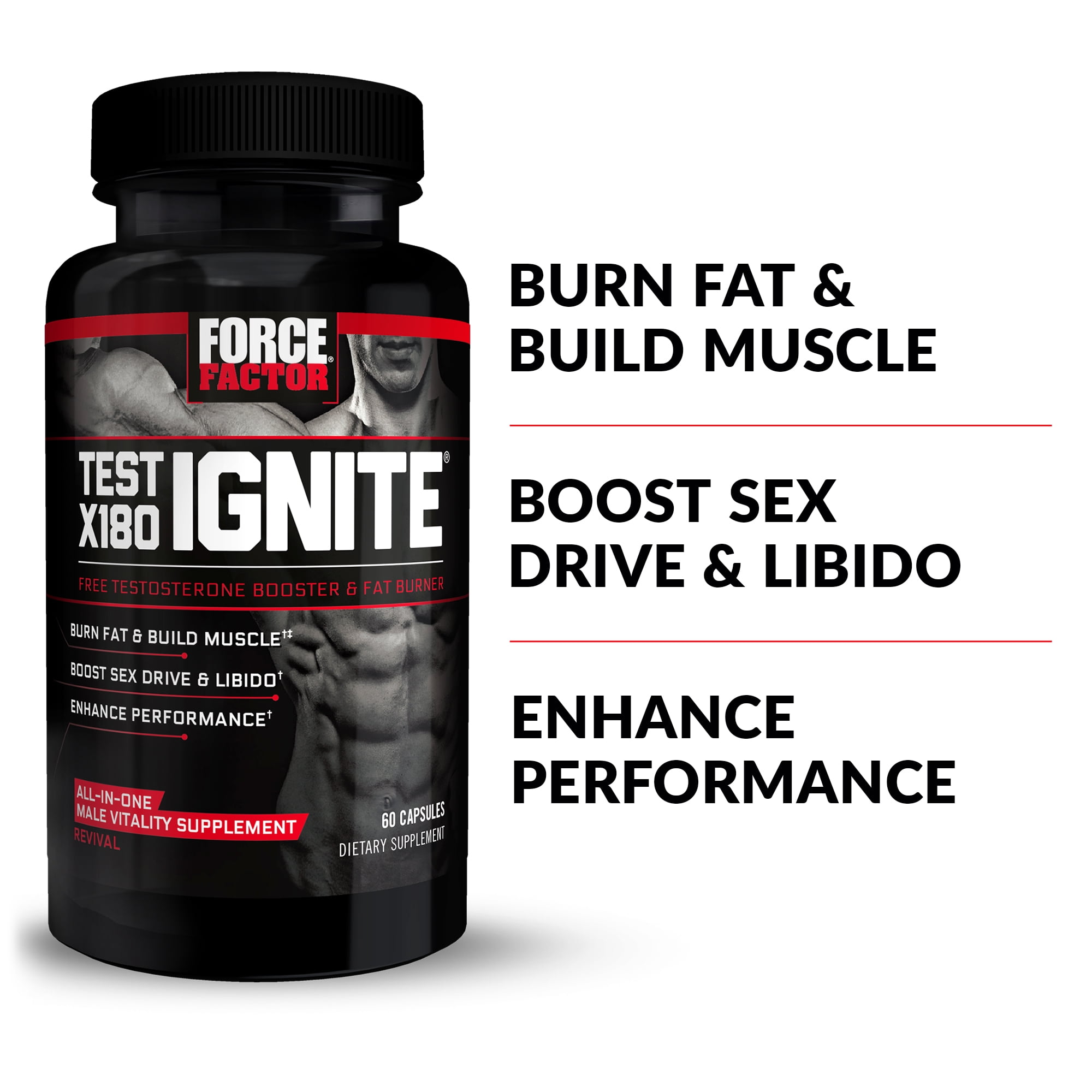 Force Factor Test X180 Ignite, Testosterone Booster for Men with Fenugreek, Horny Goat Weed for Muscle, Strength, Energy & Performance, 60 Capsules